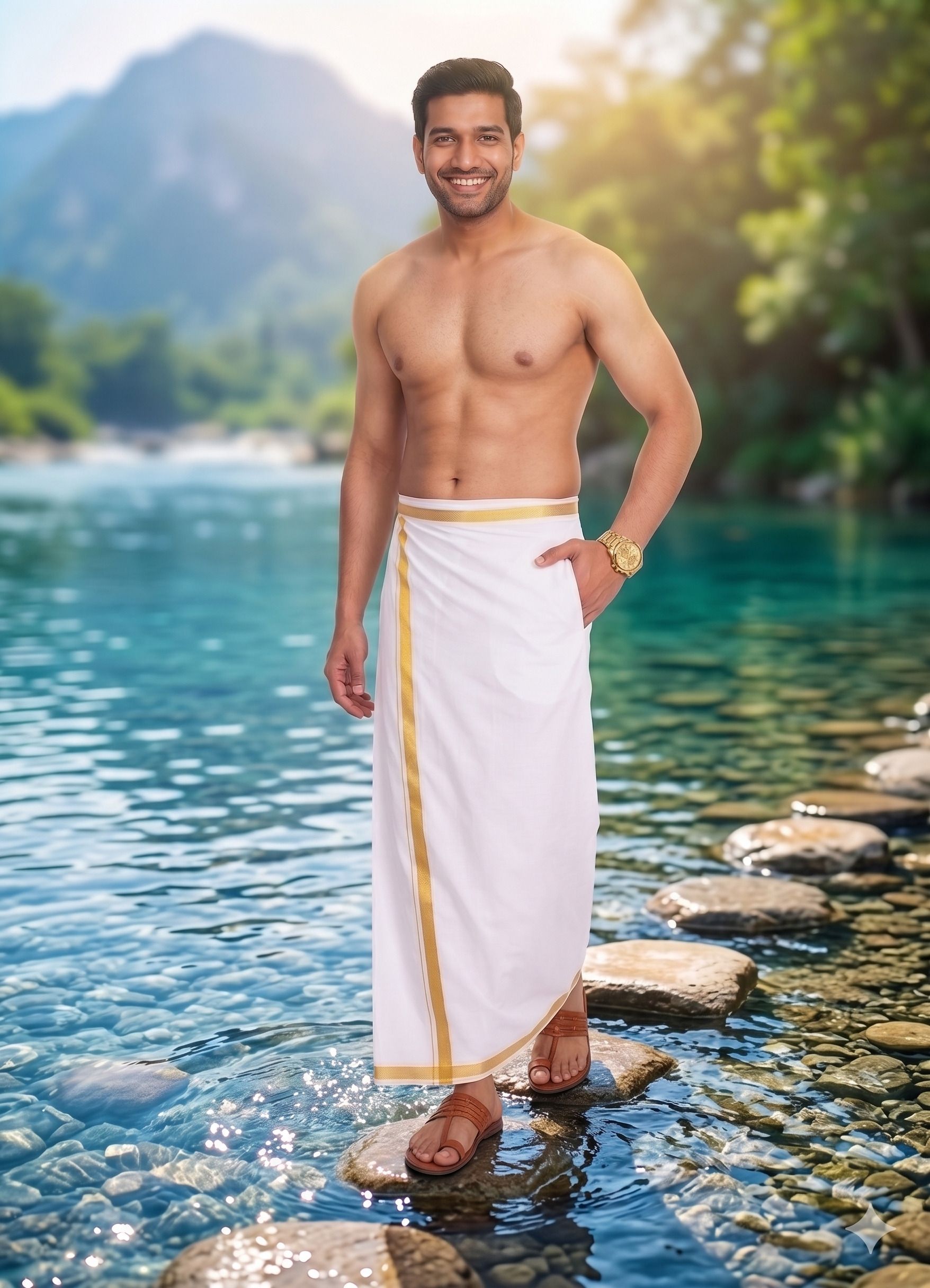 Gugaliya Premium White Golden Jari cotton 1 Pocket Velcro Solid Men Dhoti-image-6