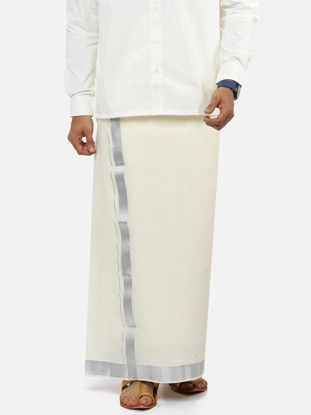 Ramraj Cotton Kora Cotton Double Layer with 1 1/2 Silver Jari Border Solid Men Dhoti-picture-10