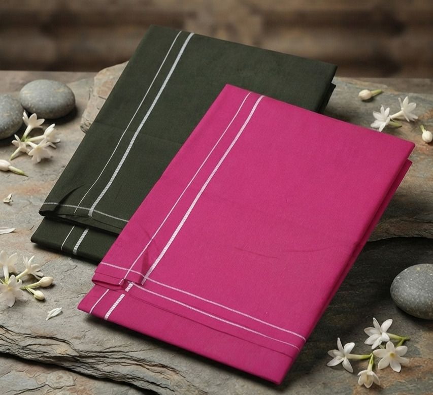Shri Raghavendra Textiles Men's Cotton Kambi Karai Dhoti Set – Military Green & Pink | Traditional Wear Self Design Men Dhoti-picture-13