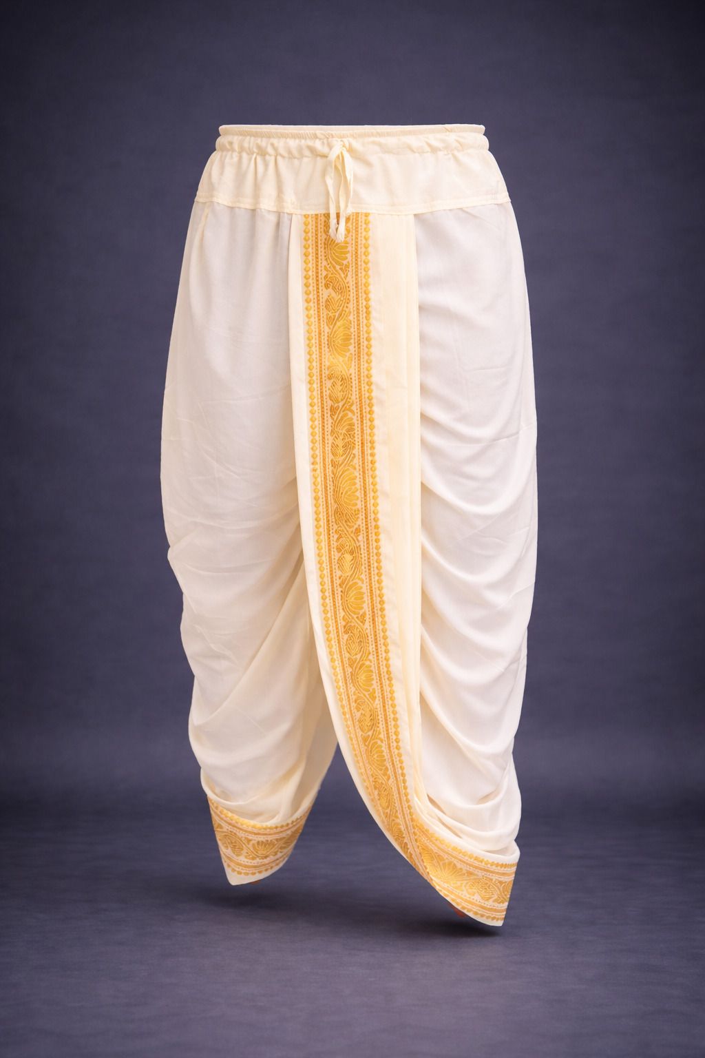 AKESHAVAM Men's Art Silk Readymade Dhoti with Wide Golden Zari Border Lungi Ethnic Wear Self Design Men Dhoti-image-1