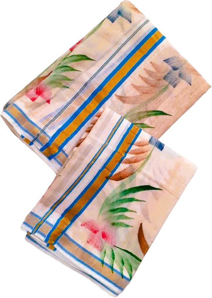 Darps Kerala Striped Lace with Floral & Leaf Design Hand Painted Setmundu Striped, Self Design Women Dhoti-image-29