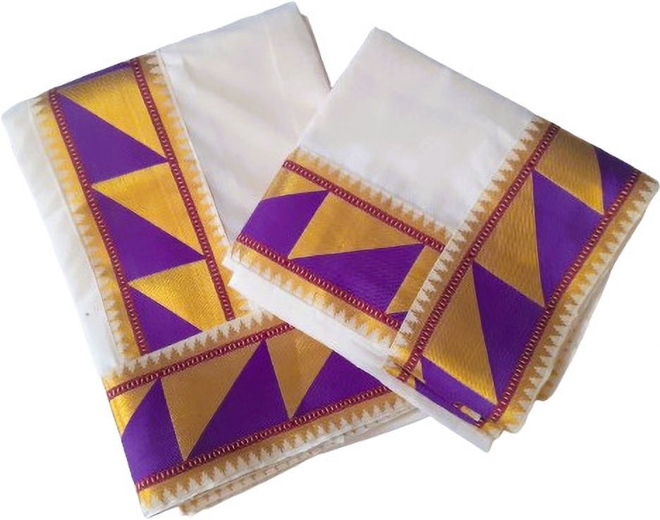 Creative weaves Women's Kerala Fancy Semi Triangle Design Lace Set Mundu Chevron/Zig Zag, Embellished, Self Design Women Dhoti-image-3