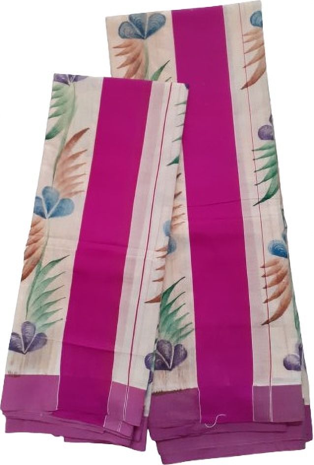 Creative weaves Women's Kerala Bavangi Floral Design Hand Painted Setmundu Striped, Embellished, Self Design Women Dhoti-image-25