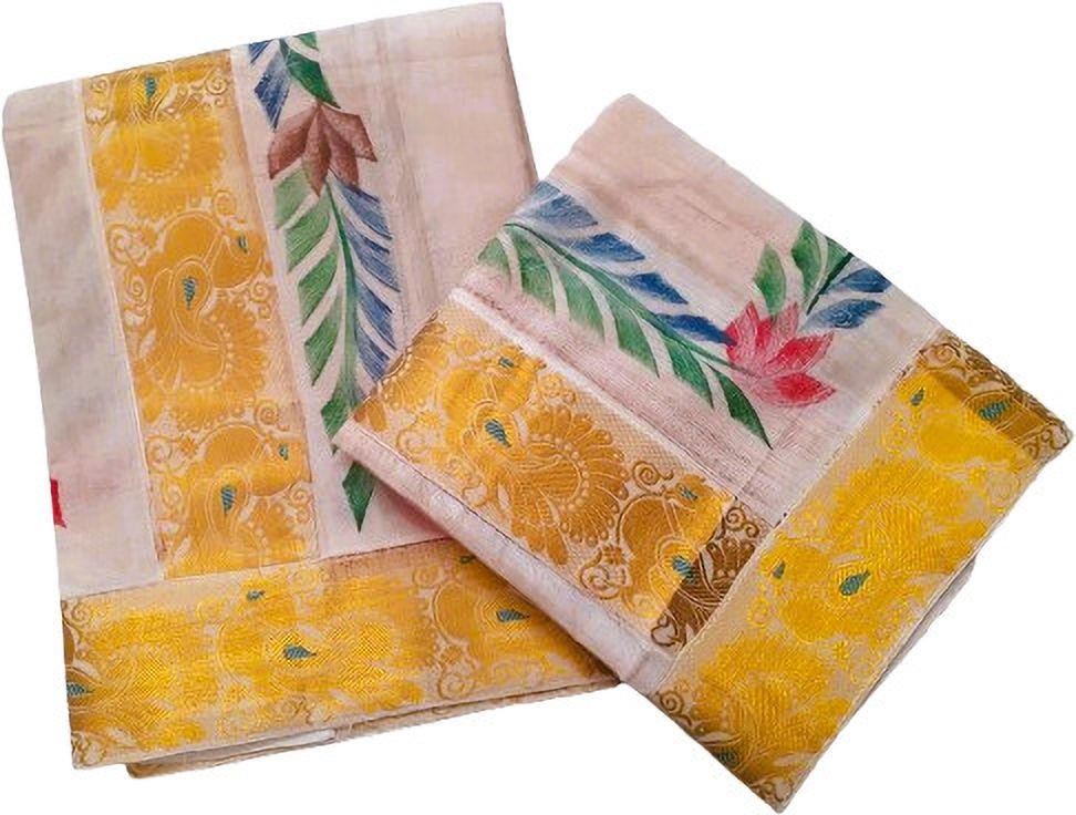 Darps Women's Gold Peacock Lace & Leaf with Floral Design Hand Painted Set Mundu Embellished, Floral Print, Self Design Women Dhoti-image-20