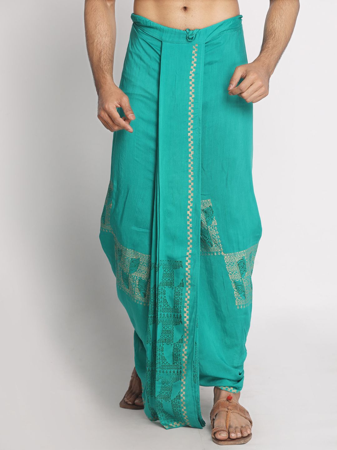 Nakshi Rayon Teal Block Printed Dhoti Printed, Solid Men Dhoti-picture-28