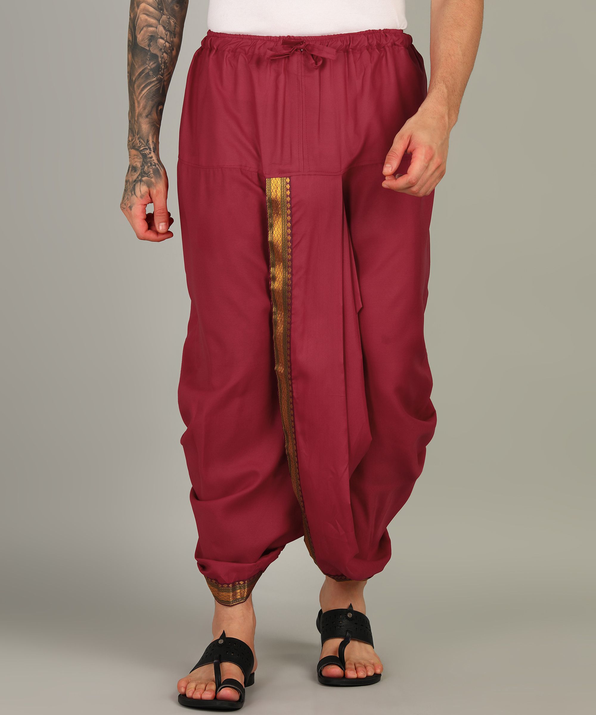 AKESHAVAM Mens Maroon Colour Panjakejam Readymade Golden Zari Border Dhoti Free size Silk Embroidered, Striped, Solid Men Dhoti-image-19