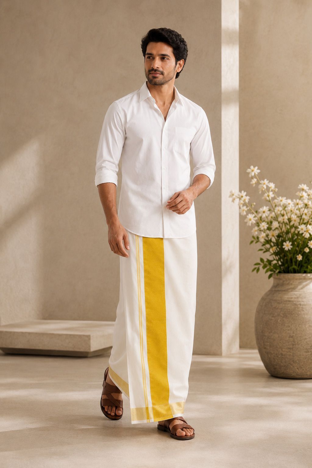 AKESHAVAM Men's Premium Quality Pure Cotton Dhoti/Lungi with Golden Border Self Design Men Dhoti-picture-11