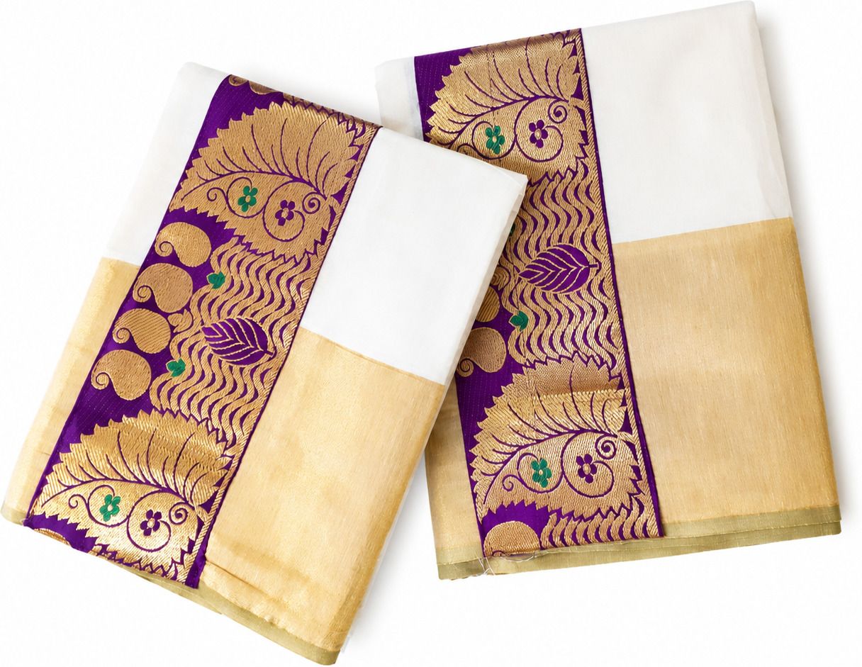 Atex Women's Kerala Purple Color Fancy Lace Design Setmundu Chevron/Zig Zag, Embellished, Self Design Women Dhoti-picture-15