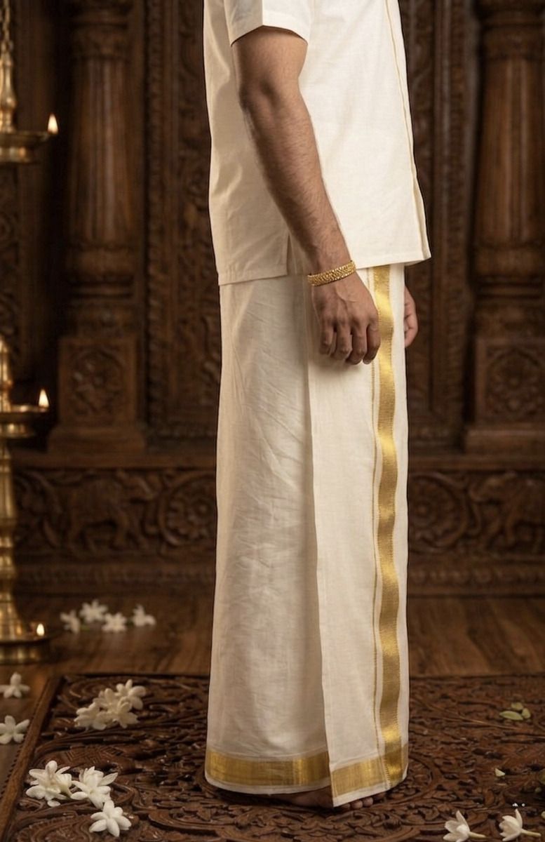NANMAYA Men Cotton Double Layer Cream Dhoti with 1" Gold Jari Border Golden Mark Solid Women Dhoti-picture-18