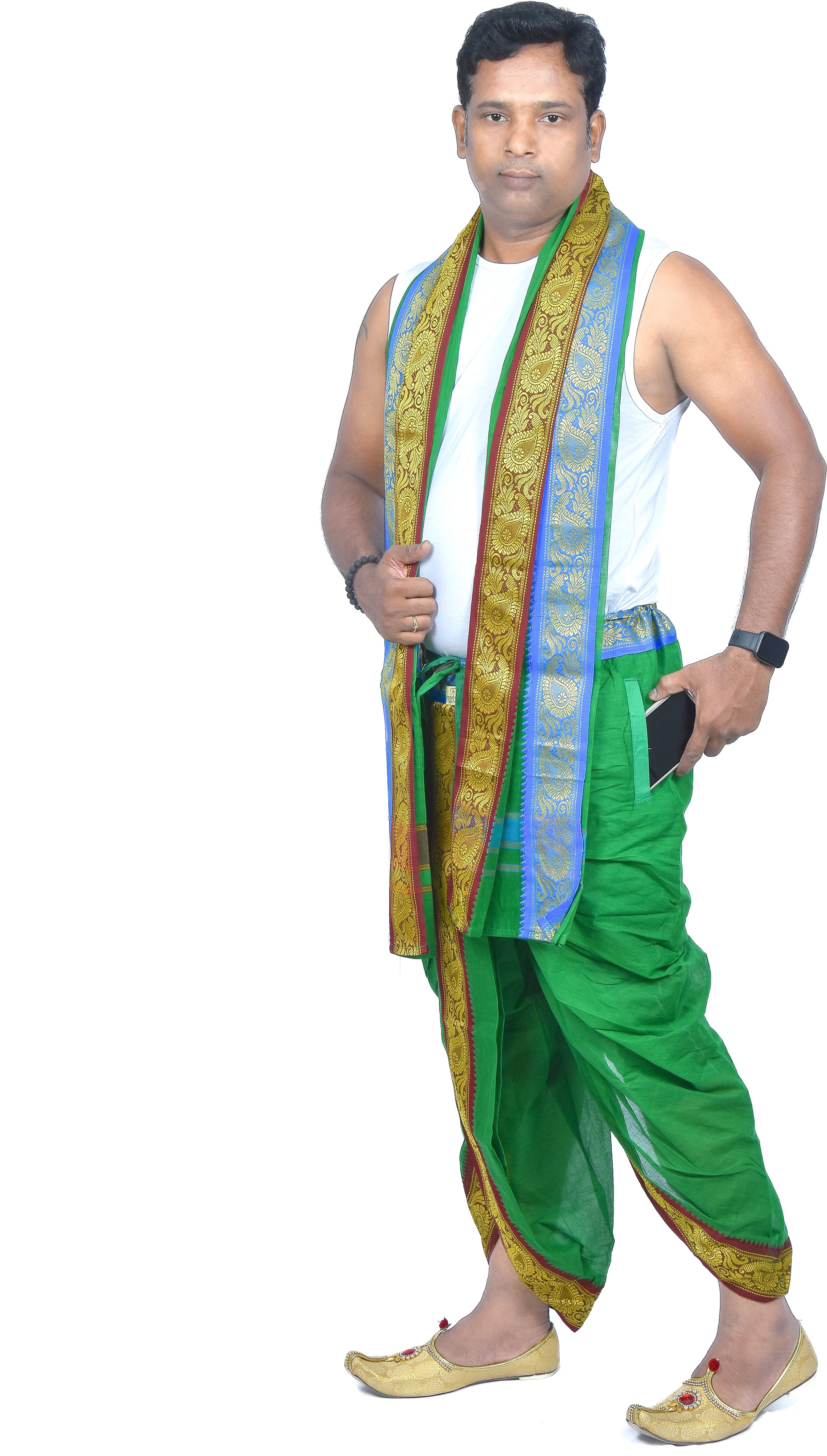 TUNI MANI SPL Readymade Dhoti Pant With Angavastram Set and Side Pocket Solid Men Dhoti-image-9