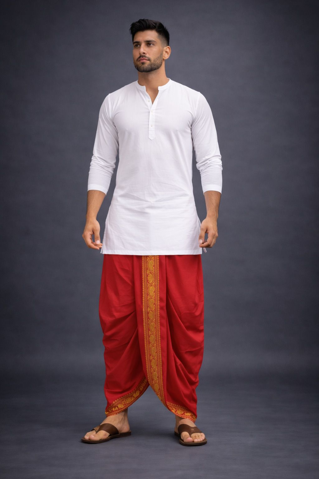 Shyam handloom Men's Art Silk Readymade Dhoti with Wide Golden Zari Border Lungi Ethnic Wear Self Design Men Dhoti-picture-20