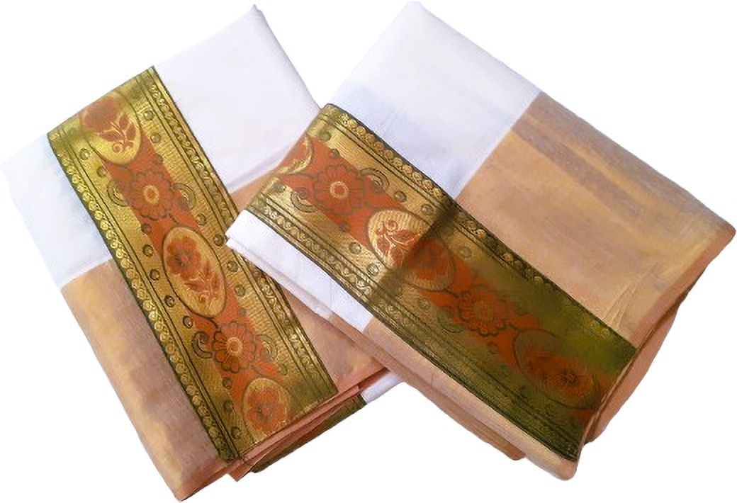Darps Women Set Mundu with Fancy Middle Light Green Lace and Gold Big woven border Self Design, Solid Women Dhoti-image-34