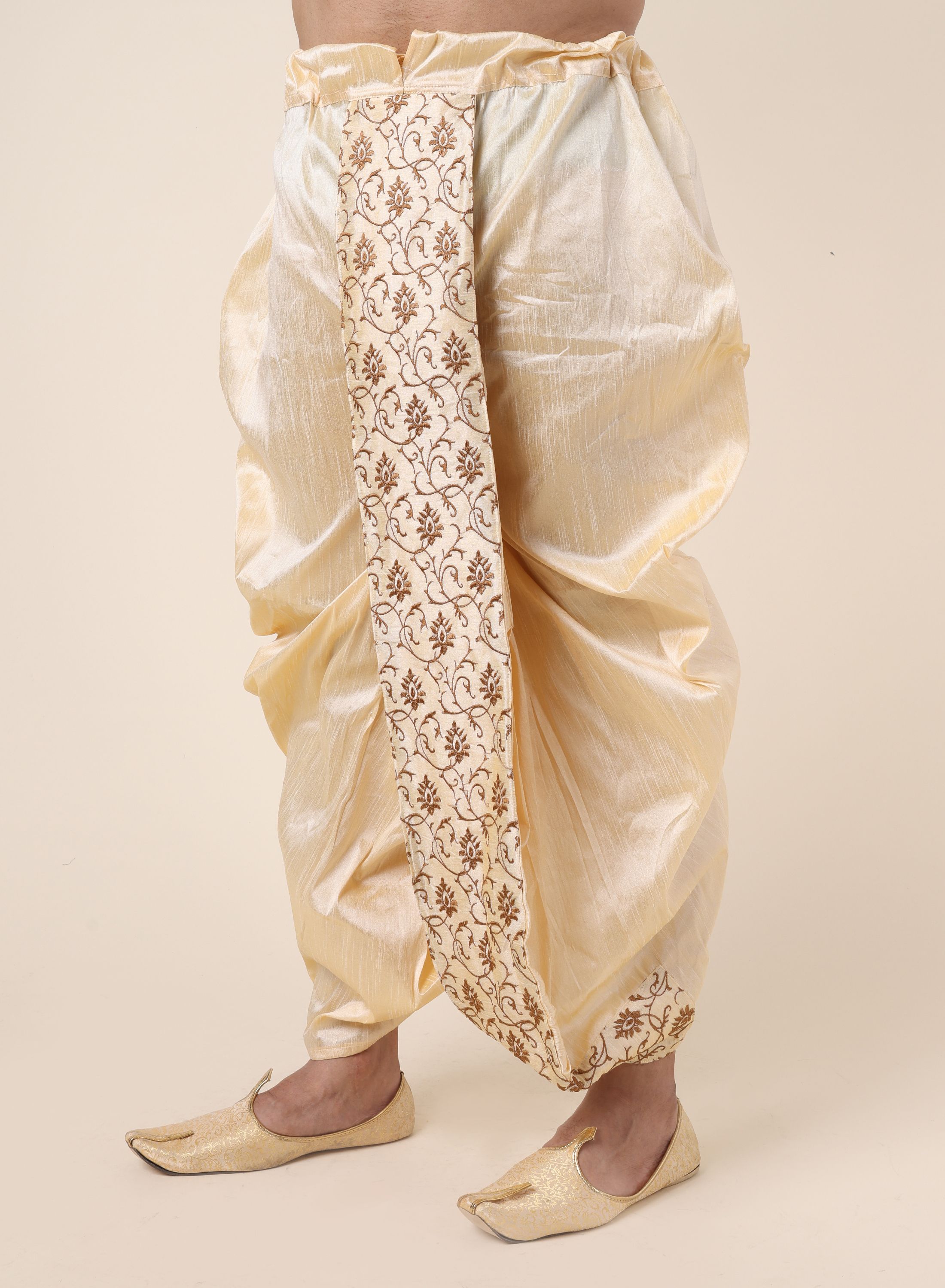 W & G Mens Silk Gold Relax Fit Embroidered Ethnic Designer Dhoti Woven Men Dhoti-picture-13
