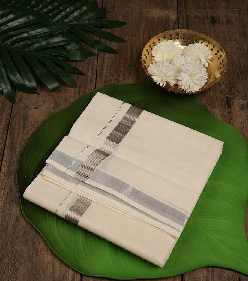 SaveriGroup Men Cotton Double Cream Dhoti Mundu with Silver Border 4.00 Mtrs Solid Men Dhoti-picture-15
