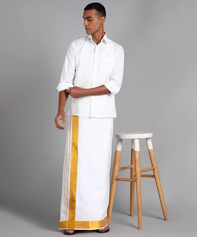 BANARASI POSHAK South Indian Cotton Dhoti for Men | White Veshti with Gold Border Solid Men Dhoti-picture-17