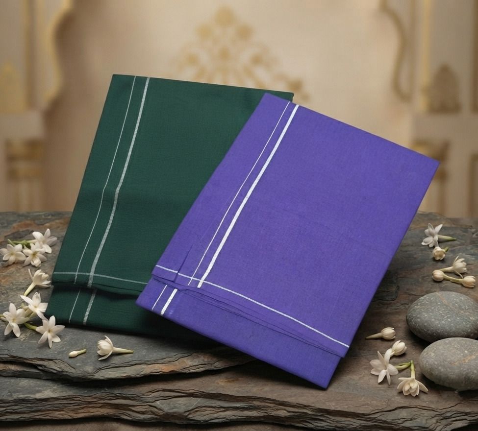 Shri Raghavendra Textiles Premium D.Green & Violet Cotton Kambi Karai Dhoti Set –Festive Men's Traditional Self Design Men Dhoti-image-17