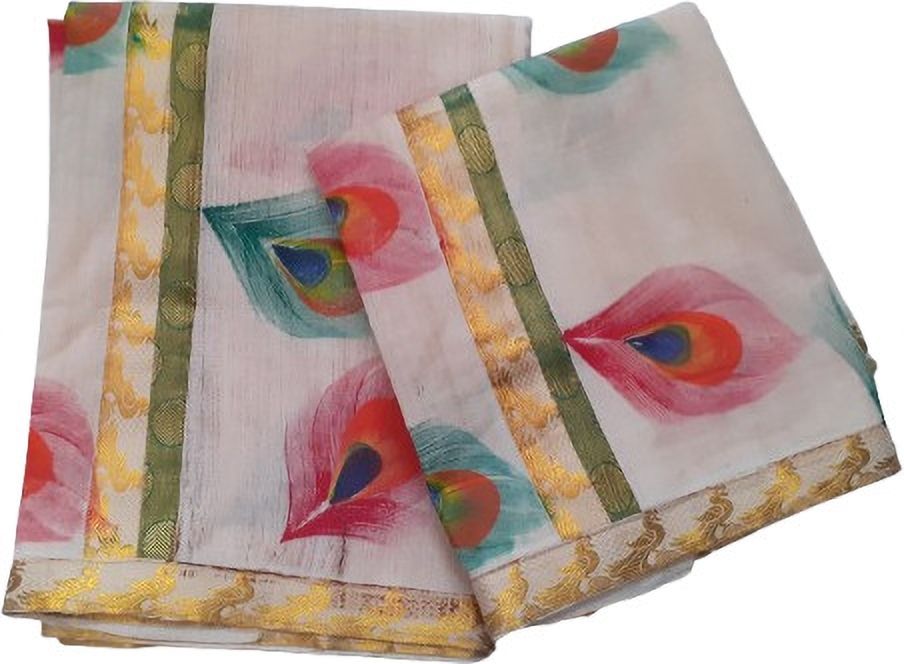 Darps Women Gold Small Peacock & Peacock Feather Design Hand Painted Setmundu Animal Print, Chevron/Zig Zag, Self Design Women Dhoti-image-46