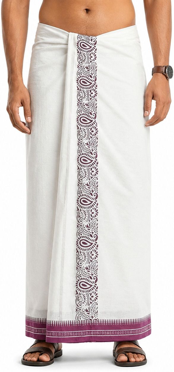SAHASA White mango violet Printed Men Dhoti-picture-24