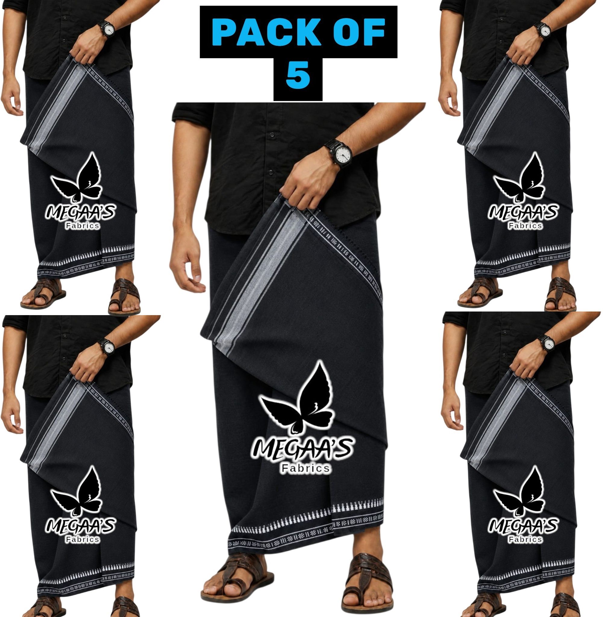 Megaasfabrics | Black Pettu Dhotis | 5 Piece Combo | 2meters | Solid Men Dhoti-picture-43