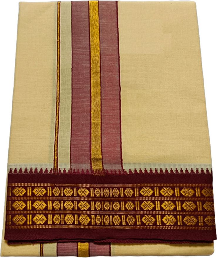 Velavan Tex Traditional 2'Meter Pure Cotton Sandal Color With Gold Zari Border Woven Men Dhoti-image-49