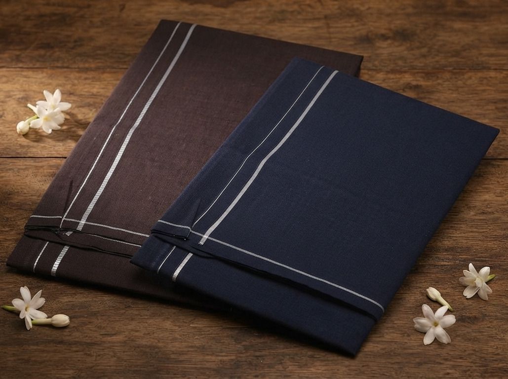 Shri Raghavendra Textiles Premium Navy & Brown Cotton Kambi Karai Dhoti Set – Festive Men's Traditional Self Design Men Dhoti-picture-33