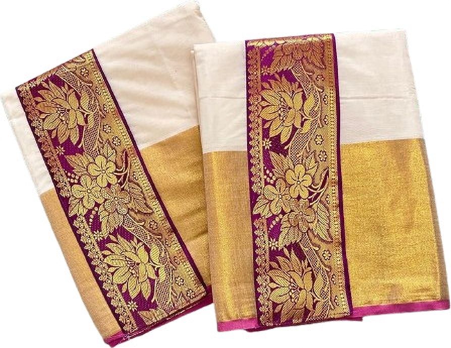 Creative weaves Women's Kerala SetMundu with Pink Jacquard Floral Border & Gold Kasavu Border Embellished, Self Design, Floral Print Women Dhoti-image-26