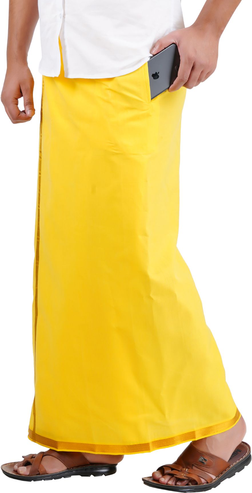 Prakasam Cotton Premium Quality Flexi Size Welcro Pocket ( sticker Dhoti) Gold Jari Border Cotton Yellow Solid Men Dhoti-picture-22