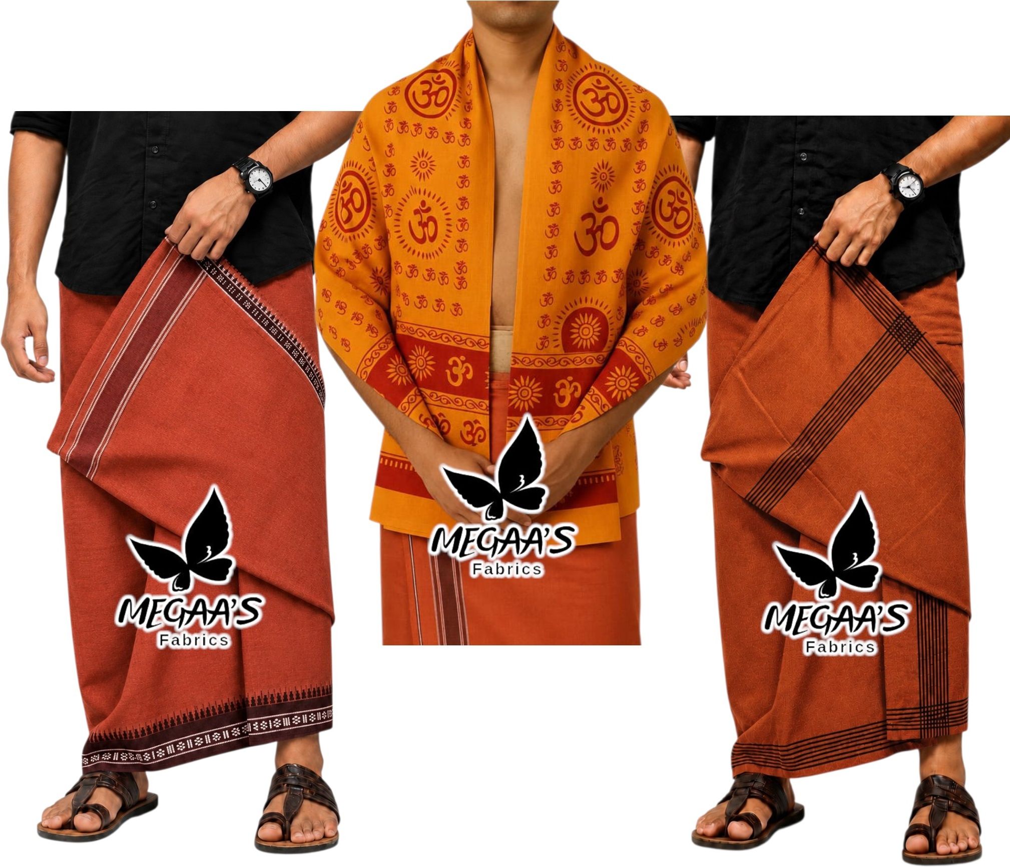 Megaasfabrics | KAAVI PETTU | KAAVI VARI 2meters | OM devotional shawl 150x90CM Solid Men Dhoti-image-37