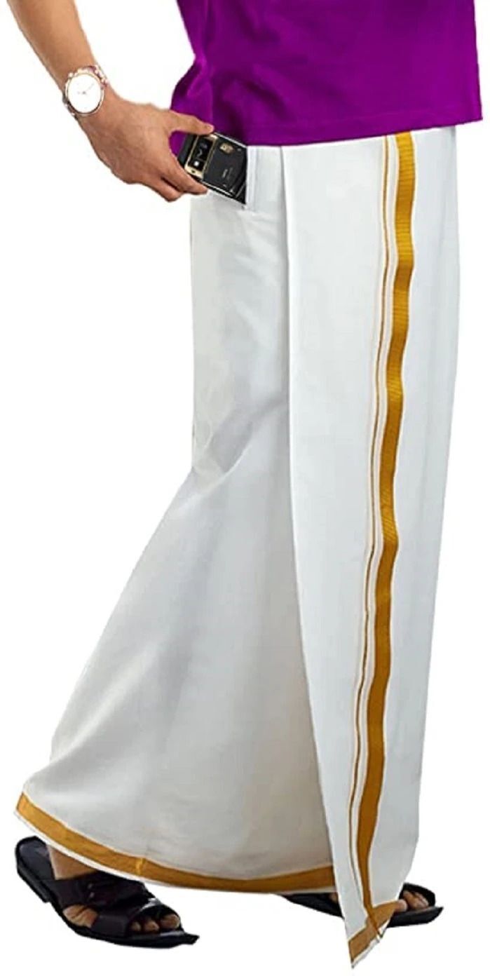 GUGOLIYA PREMIUM Adjustable Velcro Cotton Pocket SINGLE Dhoti with Gold Jari Border Solid Men Dhoti-picture-18
