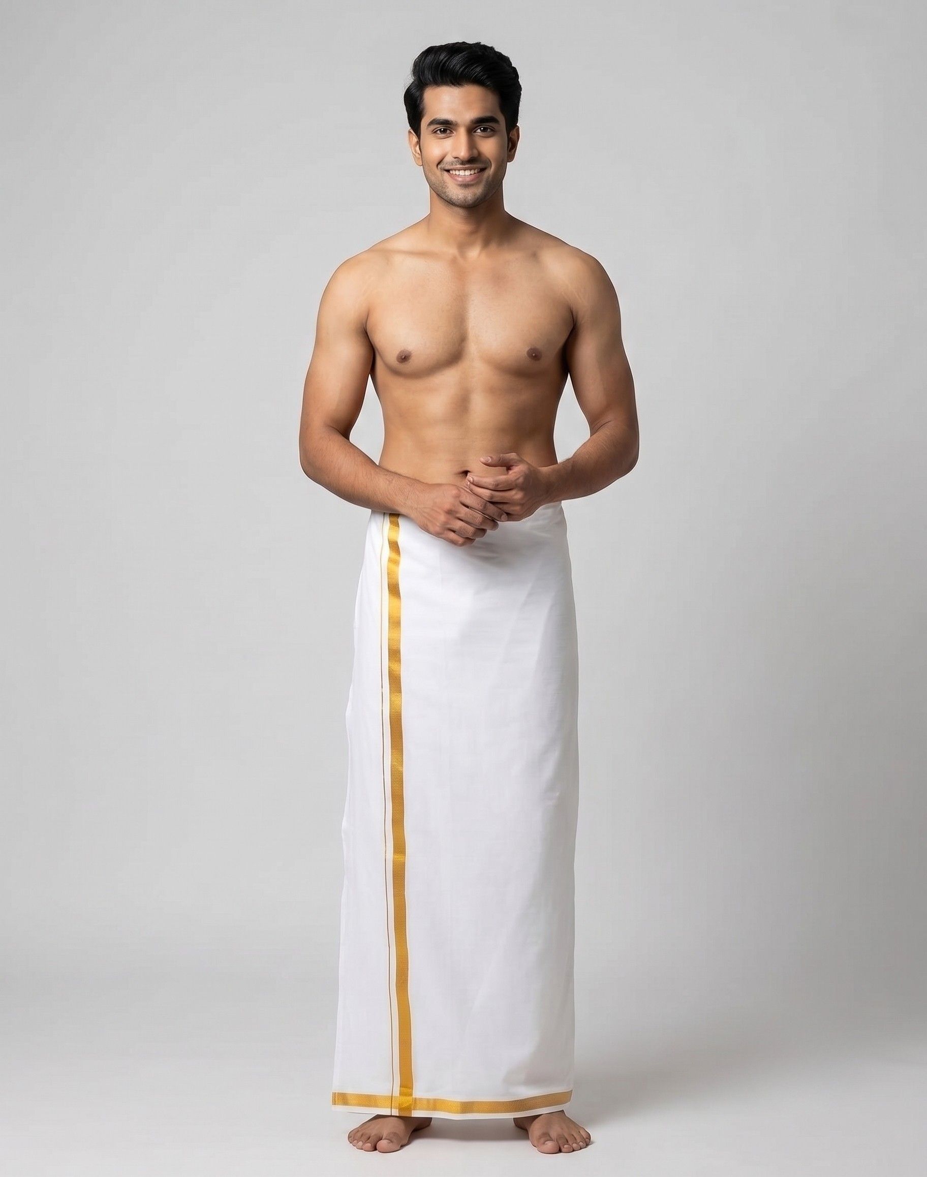 BANARASI POSHAK South Indian Cotton Dhoti for Men | White Veshti with Gold Border Solid Men Dhoti-picture-15