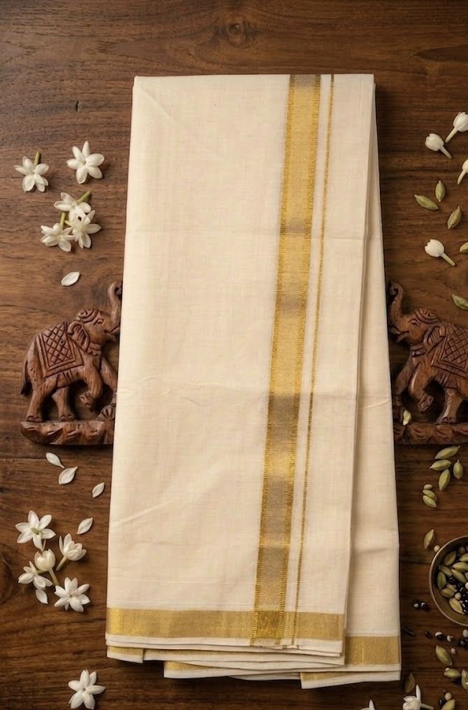 SaveriGroup Men Cotton Double Layer Cream Dhoti with 1" Gold Jari Border Golden Mark Solid Men Dhoti-picture-18