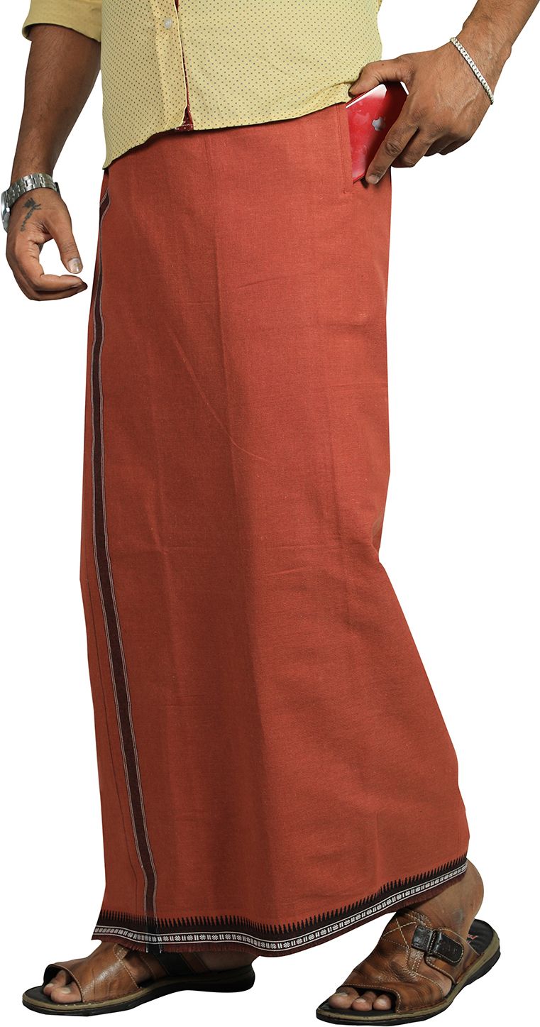 Prakasam Cotton Men's Kerala Style Thalapathi border Dark Kavi Colour Flexi Size Welcro Readymade with pocket Solid Men Dhoti-picture-27