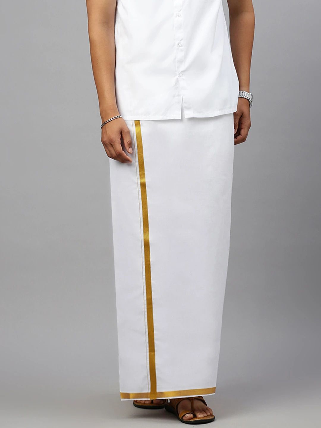 Ramraj Cotton Single Layer White with 3/4 Gold Jari Border Solid Men Dhoti-picture-13