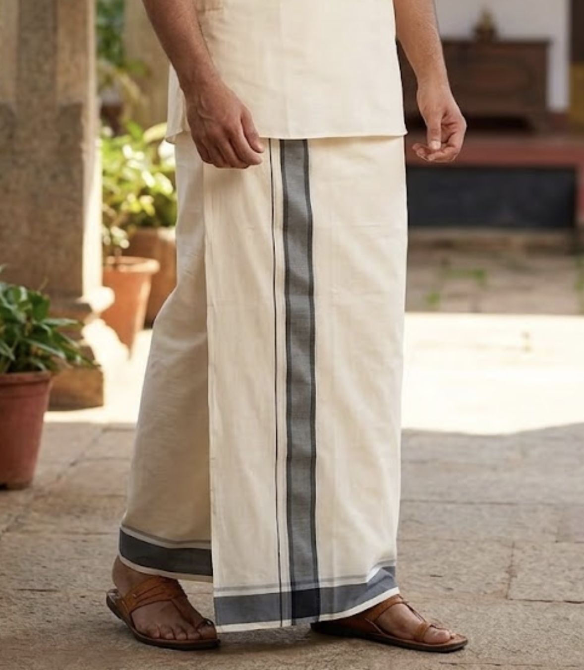 NANMAYA Men Cotton Double Cream Dhoti Mundu with 1" Black and Gold Border 4.00 Mtrs Solid Women Dhoti-image-10