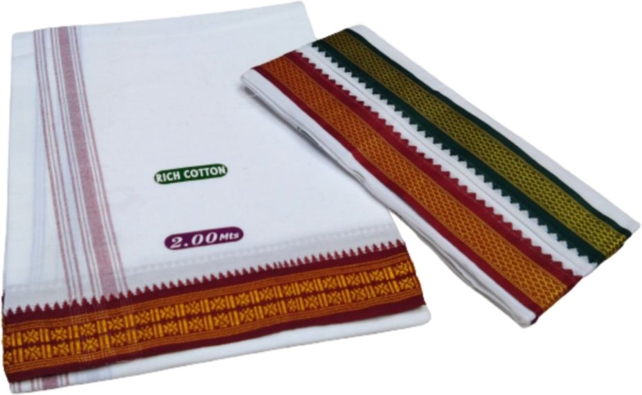 TRUEVELLI Mps cotton cool, Rich Cotton, 2.00Mts, White with Red/Green Border Solid Men Dhoti-image-11