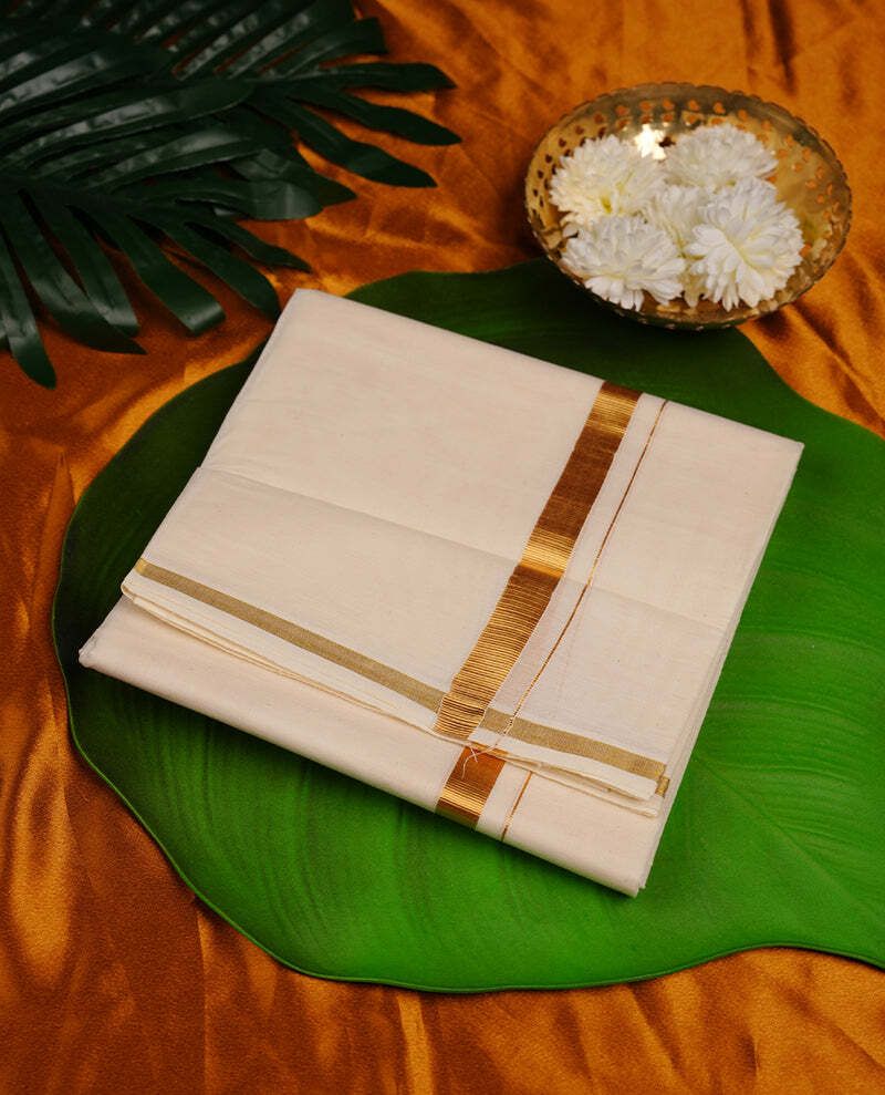 SaveriGroup Men Cotton Double Cream Dhoti Mundu with 1" Gold Border 4.00 Mtrs Solid Men Dhoti-picture-11
