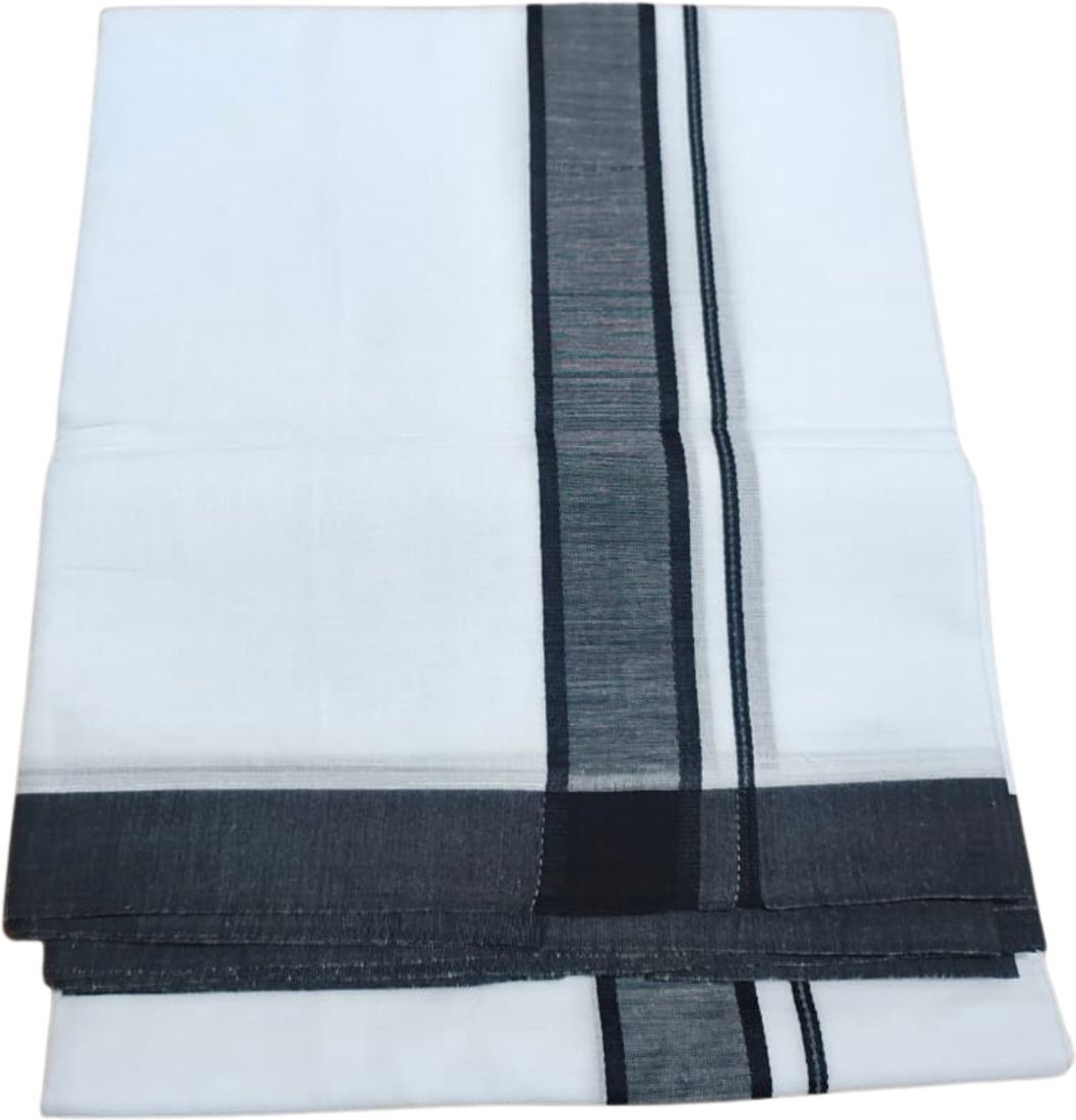 NANMAYA Men White Cotton Dhoti Double Mundu with 1" Grey Jari Border 4.00 Mtrs Solid Women Dhoti-image-38
