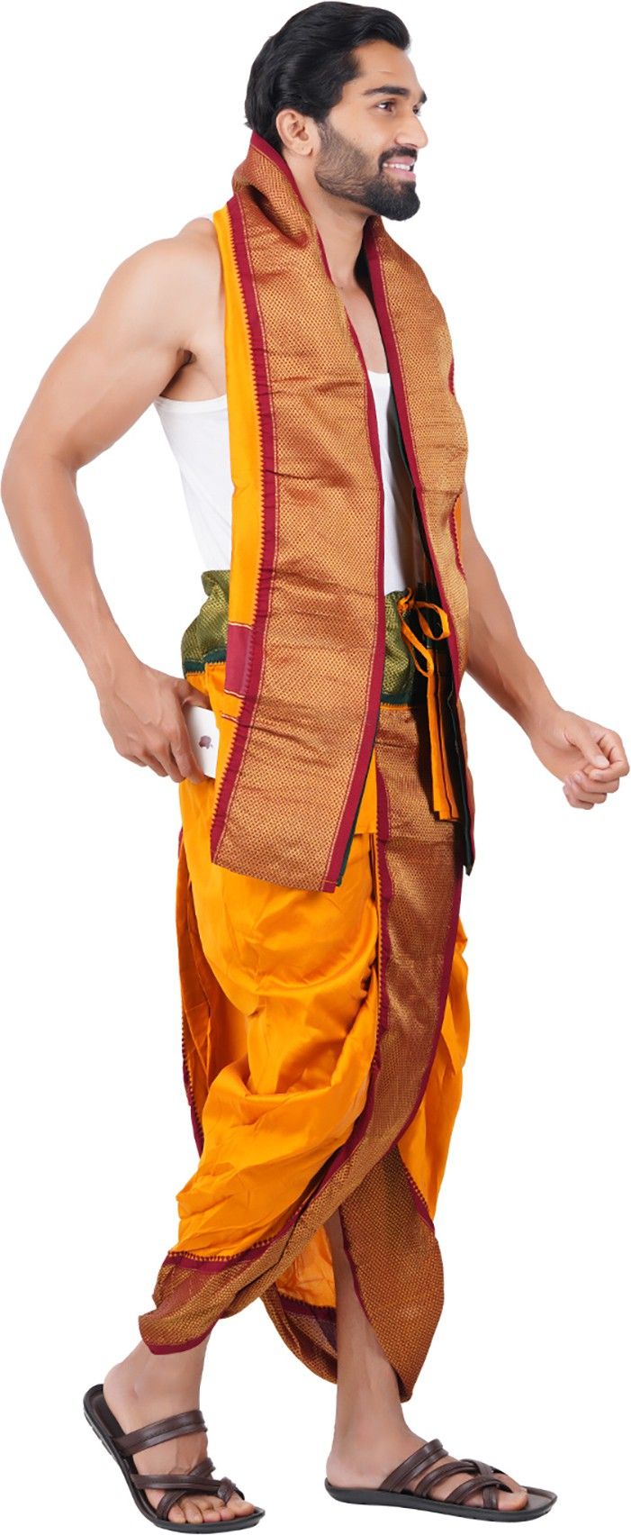 Prakasam Cotton Art silk Men's Gold Colour Panchakacham Readymade dhoti & towel set with pocket Solid Men Dhoti-picture-11