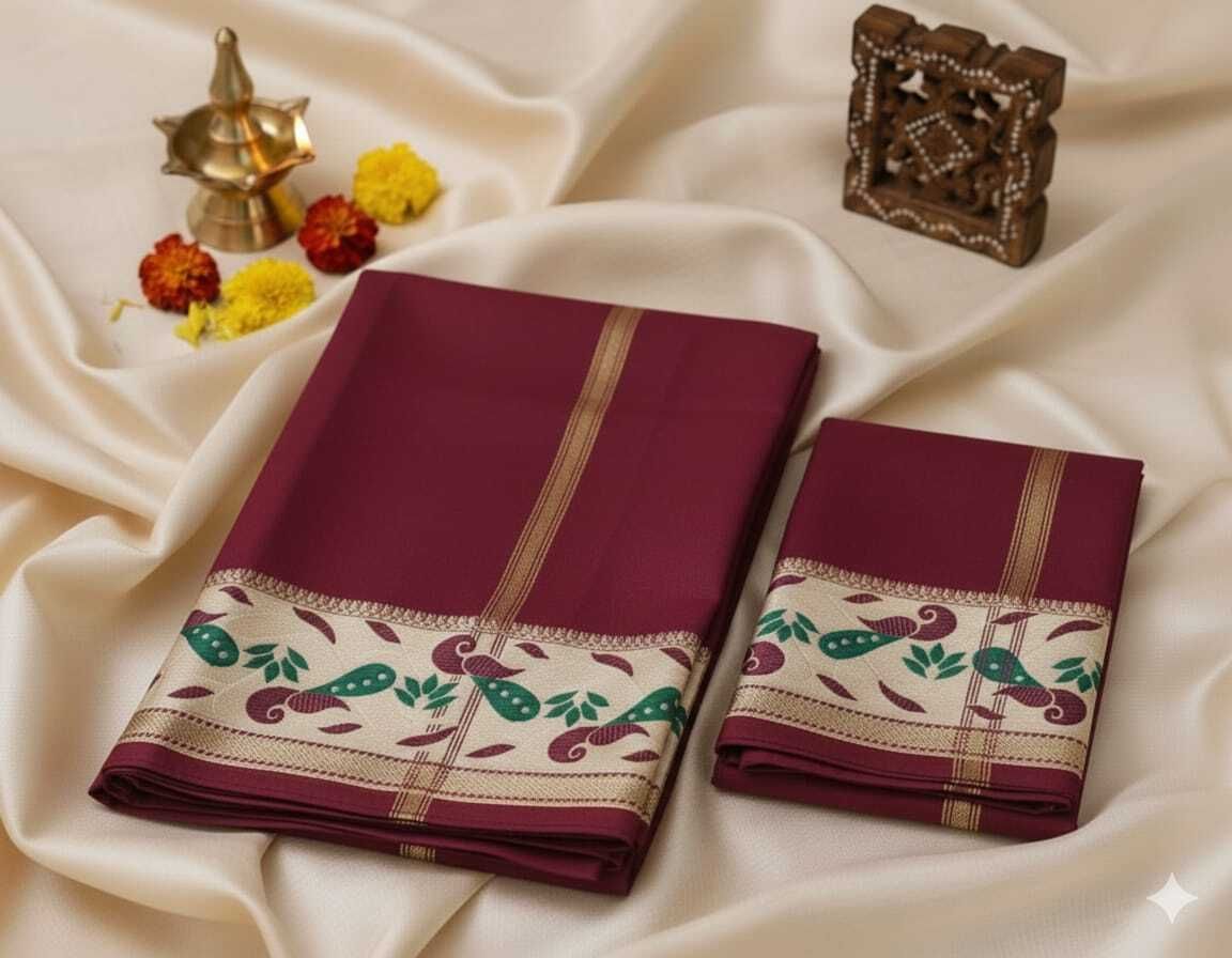 KIRAN SILK Traditional Fancy Man Silk Dhoti & Dupatta With Peacock Border Woven Men Dhoti-picture-48