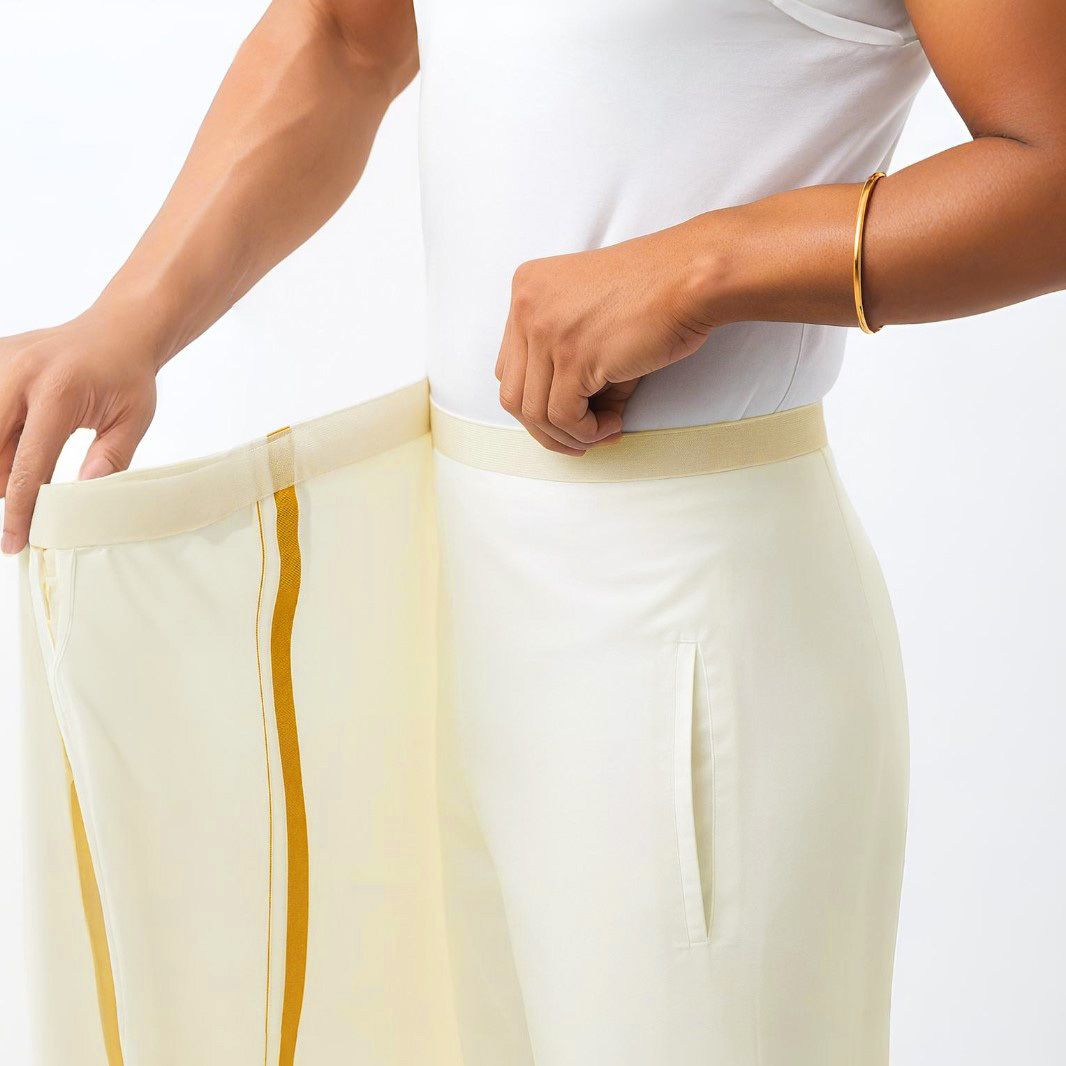 TUNI MANI 28 to 44 Inches Welcro Cotton Pocket Dhoti with Gold Jari Border Solid Men Dhoti-picture-32