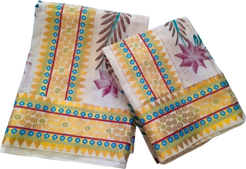 Darps Kerala Kasavu Fancy Lace Hand Painted Set Mundu With Blouse Embellished, Polka Print, Floral Print, Self Design Women Dhoti-image-4