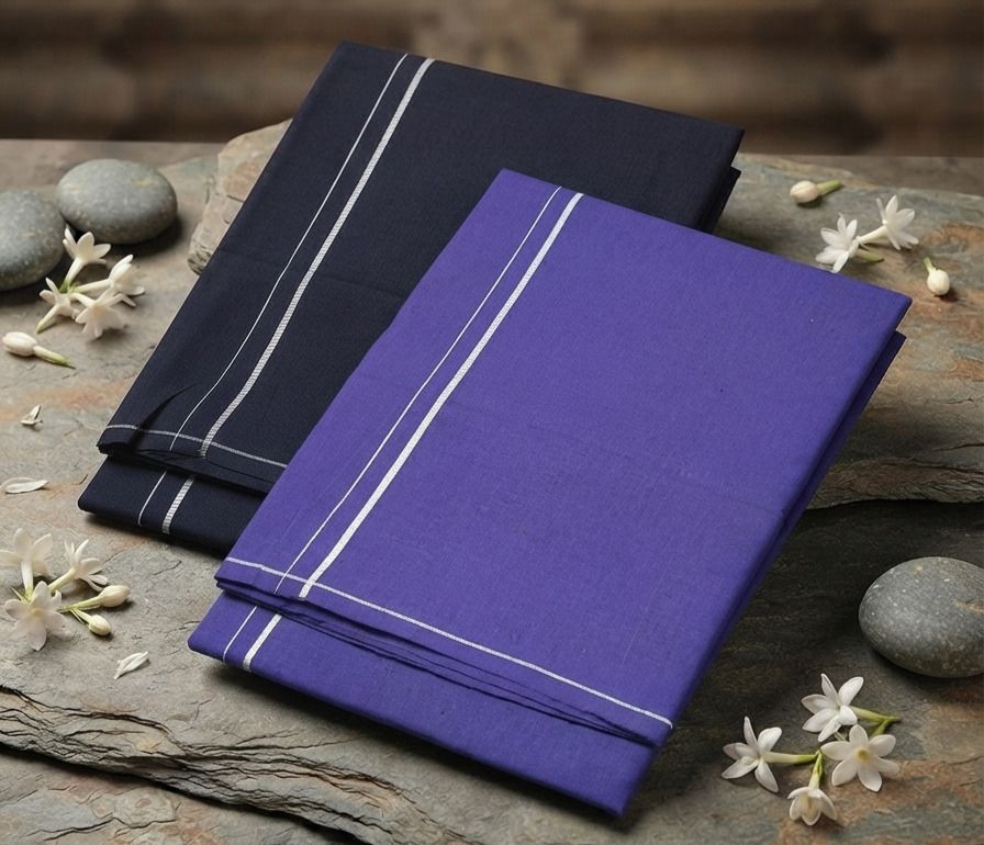 Shri Raghavendra Textiles Premium Navy & Violet Cotton Kambi Karai Dhoti Set – Festive Men's Traditional Self Design Men Dhoti-image-9