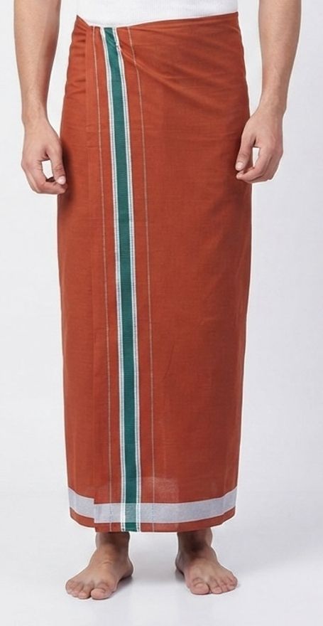 Shri Raghavendra Textiles Men's Pure Cotton Kavi Dhoti with Green Border | Traditional Festive Veshti Self Design Men Dhoti-picture-21