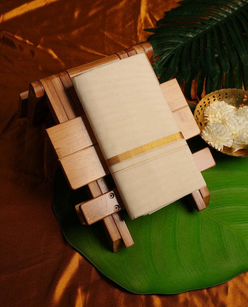 NANMAYA Men Cotton Double Cream Dhoti Mundu with 1" Black and Gold Border 4.00 Mtrs Solid Women Dhoti-image-31