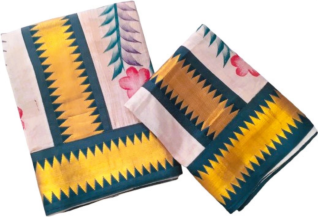 Atex XXL Women Set Mundu Temple Border Lace with Hand Paint Floral Print, Embellished Women Dhoti