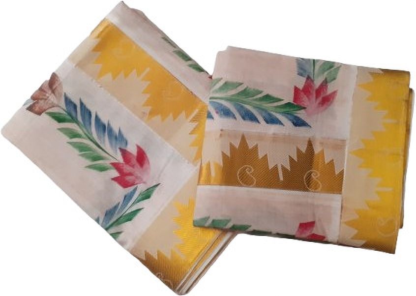 Creative weaves Kerala Gold Tower Lace Hand Painted Setmundu Chevron/Zig Zag, Self Design, Solid Women Dhoti-image-25