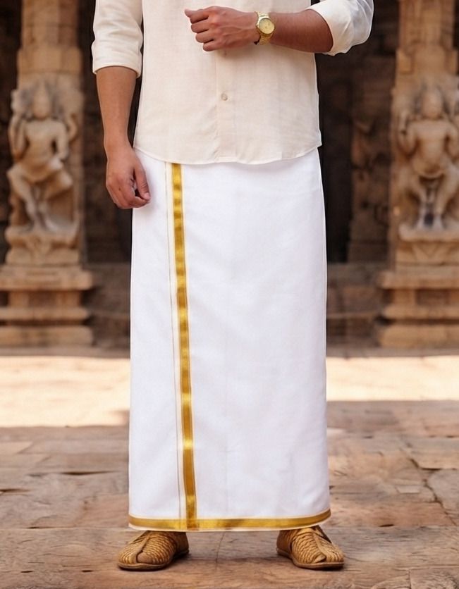 Gugaliya Single layer White with 1/2 inch Gold jari Border Solid Men Dhoti-image-42