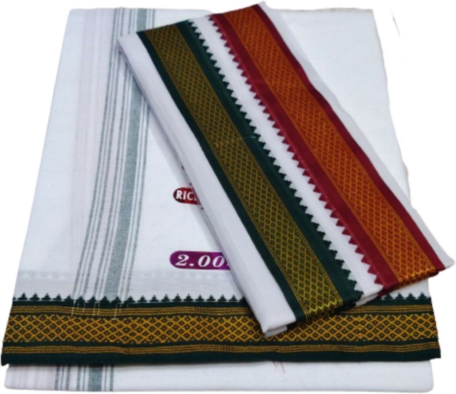 TRUEVELLI Mps cotton cool, Rich Cotton, 2.00Mt, White with Red/Green Border 002 Solid Men Dhoti-picture-15