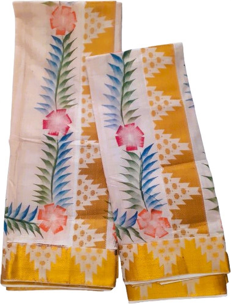 Fashionkiosks Women's Kasavu Set Mundu 2x2.5mts with Fancy Gold Lace and Floral Hand Paint Solid, Woven, Striped, Floral Print, Animal Print Women Dhoti-image-44