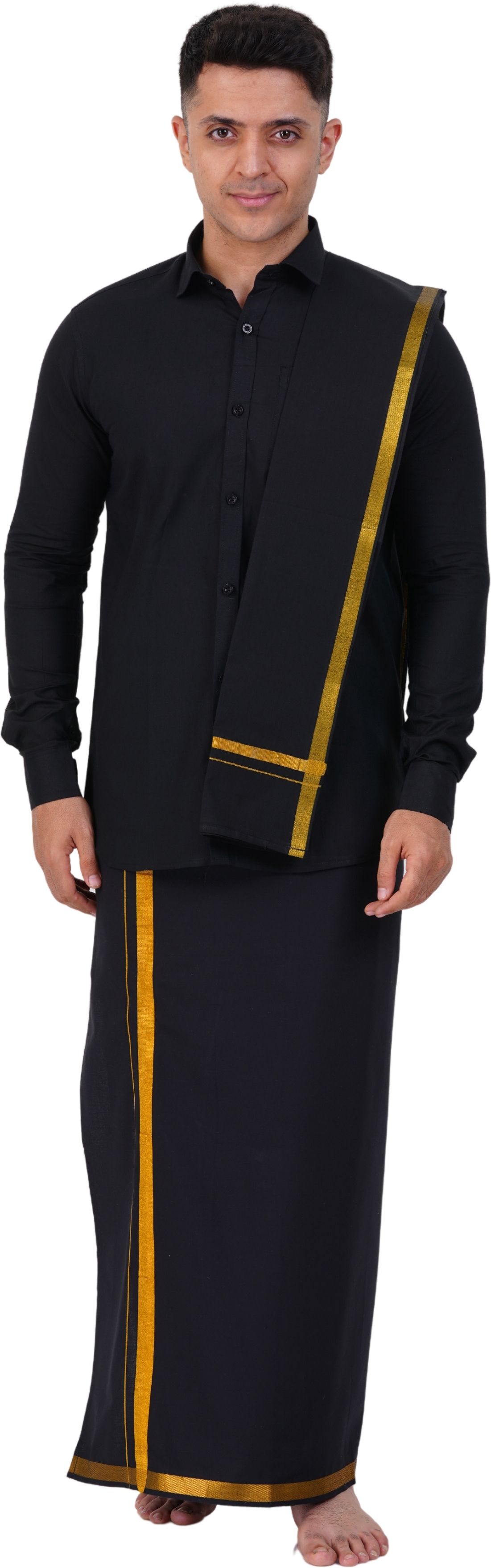 Prakasam Cotton Full sleeve Black Shirt+Black Jari towel+Mens Single(1.28X2.00mtrs)Black Jari Solid Men Dhoti-picture-20